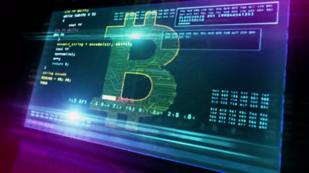 Exploitation minière Bitcoin sur écran d'ordinateur. crypto-monnaie numérique, cyber-argent et concept bancaire numérique animation en boucle 3D et transparente avec effet de bug .