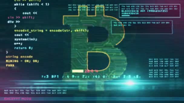 Bitcoin Mijnbouw Computerscherm Achtergrond Digitale Crypto Valuta Cyber Geld Digitaal — Stockvideo