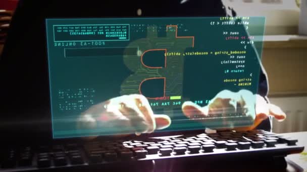 Minería Bitcoin Cámara Mueve Alrededor Pantalla Hud Hombre Tecleando Teclado — Vídeos de Stock