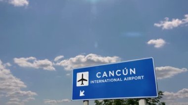 Cancn, Meksika 'ya (Cancun) bir jet uçağı iniyor. Havaalanı istikameti işaretli şehir gelişi. Seyahat, iş, turizm ve ulaşım konsepti. 3B canlandırma canlandırması.