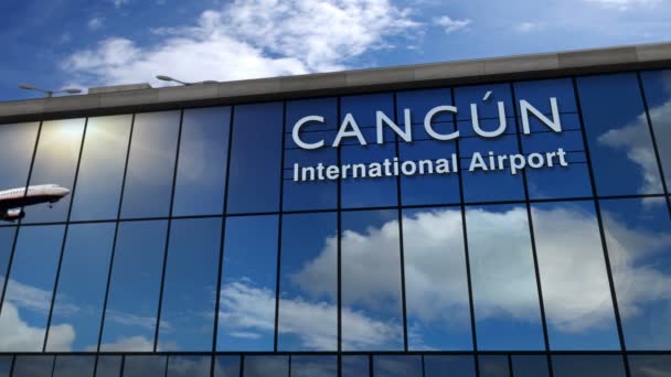 メキシコのカンクンに着陸するジェット航空機3Dレンダリングアニメーション ガラス空港ターミナルと飛行機の反射で街に到着します ビジネス 交通の概念 — ストック動画
