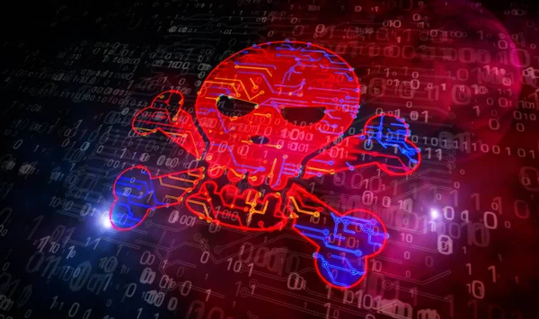 Cyberkriminalität Und Totenkopf Ikone Piraterie Digitaler Angriff Computersicherheit Futuristisches Konzept — Stockfoto
