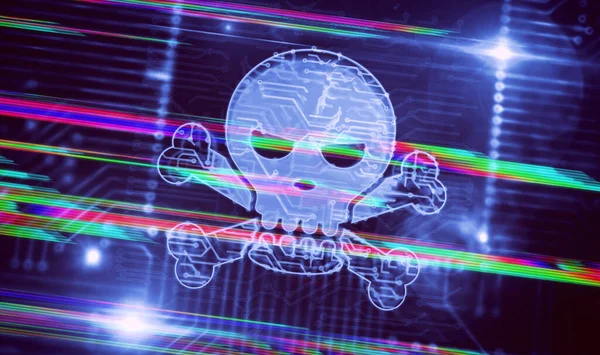 Cyberkriminalität Und Totenkopf Ikone Piraterie Digitaler Angriff Computersicherheit Futuristisches Konzept — Stockfoto