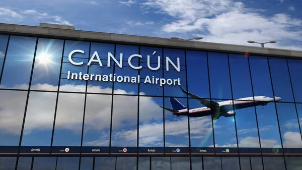 Meksika, Cancun 'a iniş yapan bir jet uçağı. Cam havaalanı terminali ve uçağın yansıması ile şehre varış. Seyahat, iş, turizm ve ulaşım kavramı.