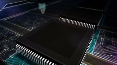 Siber hayat ve atan kalp. Aşk, dijital çöpçatanlık, robot bilimi, sağlık teknolojisi konsept üretim hattı soyut 3D çevrilebilir dikişsiz animasyon. Lazer yakma sembollü işlemci fabrikası.