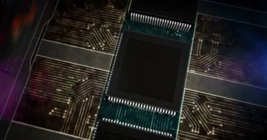 Siber hayat ve atan kalp. Aşk, dijital çöpçatanlık, robot bilimi, sağlık teknolojisi konsept üretim hattı soyut 3D çevrilebilir dikişsiz animasyon. Lazer yakma sembollü işlemci fabrikası.