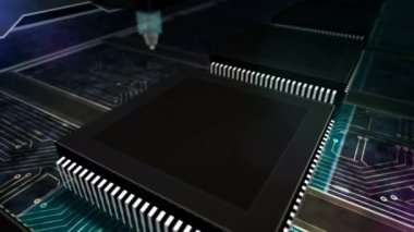 Wi-fi kablosuz iletişim ağı. 5G, mobil, dijital ağ teknolojisi konsepti soyut 3D üretimi döngüsüz dikişsiz animasyon. Lazer yakma sembollü işlemci fabrikası.