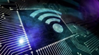 Wi-fi kablosuz iletişim ağı. 5G, mobil bağlantı, ağ teknolojisi konsepti çalışan bilgisayar devresi üzerinde uçan 3D sembol. Döngüsüz ve kusursuz soyut arkaplan.