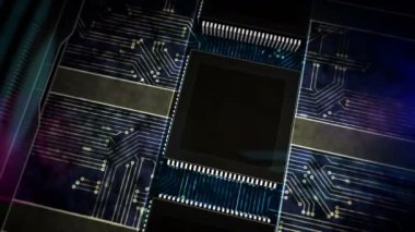 Wi-fi kablosuz iletişim ağı. 5G, mobil bağlantı, dijital teknoloji konsept üretim hattı soyut 3D döngüsüz dikişsiz animasyon. Lazer yakma sembollü işlemci fabrikası.
