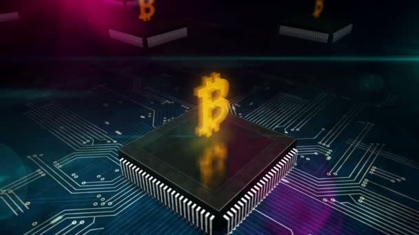 ビットコイン採掘 暗号通貨 仮想通貨 デジタル通貨 ブロックチェーンのタコロジー抽象概念 3Dカメラは作業用コンピュータ内の基板回路上を飛ぶ — ストック動画