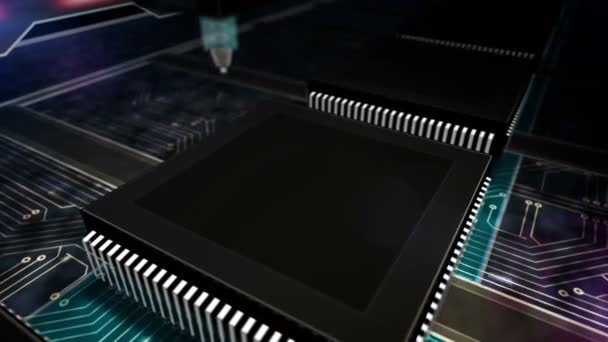 Fabriqué au Japon. Industrie, exportation, innovation futuriste et technologie moderne CPU ligne de production abstraite 3d rendant l'animation en boucle et transparente. Usine de processeurs avec gravure laser .