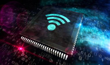 Wi-fi kablosuz iletişim ağı. 5G, mobil bağlantı, dijital ağ teknolojisi konsepti soyut 3D çizim çizimi. Lazer yakma sembollü işlemci fabrikası.