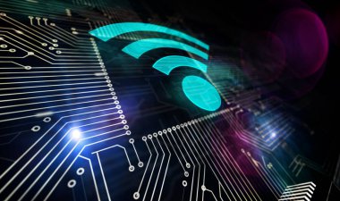 Wi-fi kablosuz iletişim ağı. 5G, mobil bağlantı, dijital ağ teknolojisi konsepti soyut 3D çizim çizimi. Lazer yakma sembollü işlemci fabrikası.