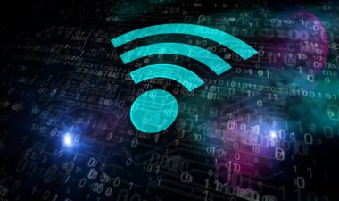 Wi-fi kablosuz iletişim ağı. 5G, mobil bağlantı, dijital ağ teknolojisi konsepti soyut 3D çizim çizimi. Lazer yakma sembollü işlemci fabrikası.