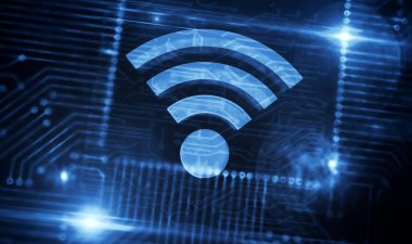 Wi-fi kablosuz iletişim ağı. 5G, mobil bağlantı, dijital ağ teknolojisi konsepti soyut 3D çizim çizimi. Lazer yakma sembollü işlemci fabrikası.