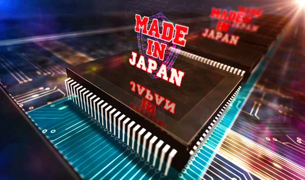 Made in Japan. Industry, export and innovation. Modern technology CPU production line abstract 3d rendering illustration. Processor factory.