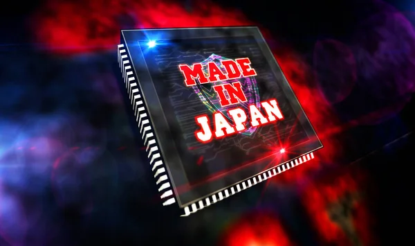 Made in Japan. Industry, export and innovation. Modern technology CPU production line abstract 3d rendering illustration. Processor factory.