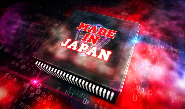 Made in Japan. Industry, export and innovation. Modern technology CPU production line abstract 3d rendering illustration. Processor factory.
