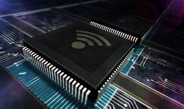Fi無線通信ネットワーク モバイル接続 デジタルネットワーキング技術コンセプトの生産ライン抽象3Dレンダリングイラスト レーザー燃焼シンボルを持つプロセッサ工場 — ストック写真