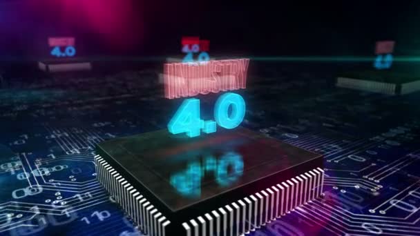 工业4 创新和现代数字技术 3D摄像机用Cpu在工作计算机内部的板电路上飞行 未来主义抽象概念 — 图库视频影像