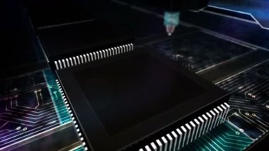 Siber güvenlik kavramı. Dijital koruma ve asma kilitli bilgisayar güvenliği. Modern İşlemci Üretim Hattı soyut 3D Döngüsüz Düz Animasyon. Lazer yakma sembollü işlemci fabrikası.