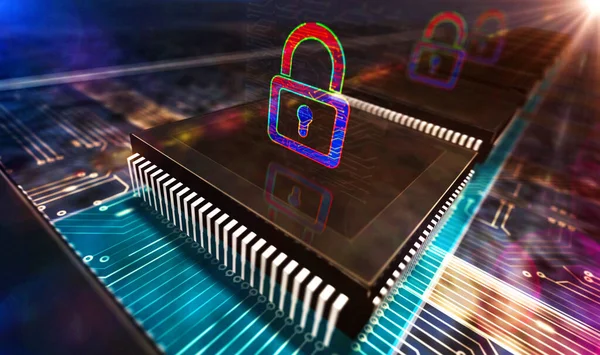 Cyber security abstract concept. Digital safety, computer protection technology. Futuristic production line abstract 3d rendering illustration. Processor factory with padlock symbol laser burning.