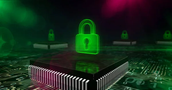 Cyber security abstract concept with padlock symbol. Digital safety, computer protection technology. Futuristic 3D illustration. Board circuit inside working computer.