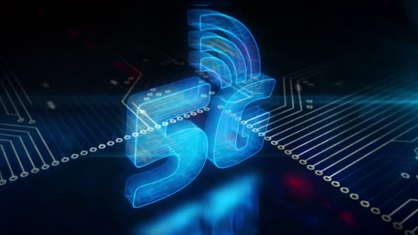 Symbole de réseau de communication de téléphone mobile 5G. Connexion globale, IOT, technologie de réseautage numérique concept abstrait. Caméra se déplaçant sur la grue virtuelle dynamique autour de l'icône 3D à l'intérieur de l'ordinateur .