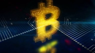 Bitcoin madencilik sembolü, kripto para, sanal para ve engelleme takojisi. Dijital para birimi soyut kavramı. Kamera, bilgisayarın içindeki 3D simge etrafında dinamik sanal vinç üzerinde hareket ediyor.