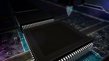 Oyun, eğlence, esport, siber oyun, dijital spor ve eğlence üretim hattı soyut 3D dikişsiz animasyon. Lazer yakan kripto para birimi sembollü işlemci fabrikası.