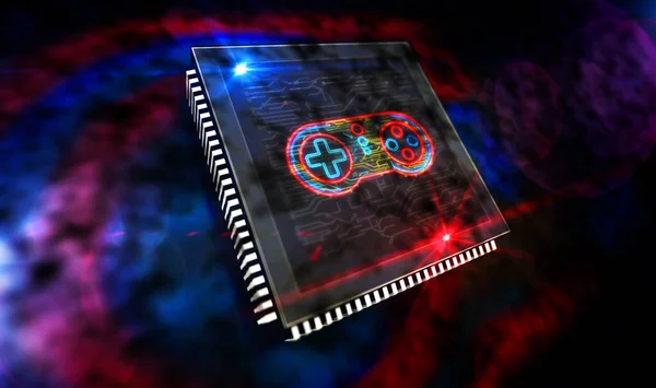 Gaming, fun, esport, cyber game, digital sport and entertainment technology production line abstract 3D rendering illustration. Prozessorfabrik mit Laserverbrennung von Symbolen. — Stockbild Gaming Fun Esport Cyber Game Digital Sport Entertainment Technology Production — Stockfoto