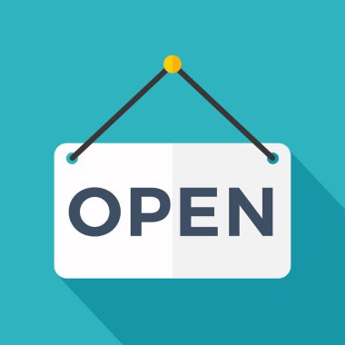 Vektör açık kapı işareti. Düz stil ile etiketle. Vektör illüstrasyonu