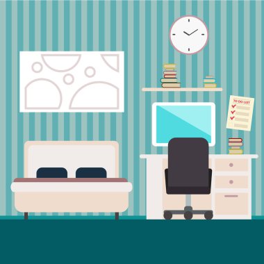 Yatak odası mobilya ile. Düz stil vektör çizim. Rahat iç .