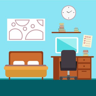 Yatak odası mobilya ile. Düz stil vektör çizim. Rahat iç .