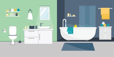 Banyo içi düz tasarlanmış mobilyalarla dolu. Vektör illüstrasyonu.