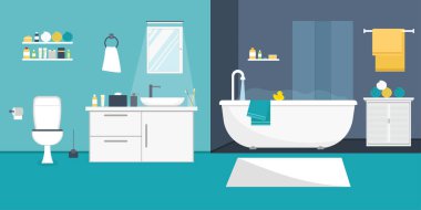 Banyo içi düz tasarlanmış mobilyalarla dolu. Vektör illüstrasyonu.