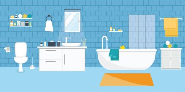 Banyo içi düz tasarlanmış mobilyalarla dolu. Vektör illüstrasyonu.