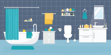 Banyo içi düz tasarlanmış mobilyalarla dolu. Vektör illüstrasyonu.