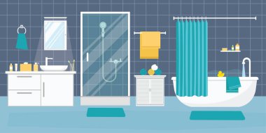 Banyo içi düz tasarlanmış mobilyalarla dolu. Vektör illüstrasyonu.