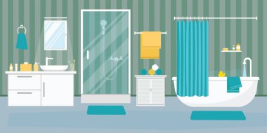 Banyo içi düz tasarlanmış mobilyalarla dolu. Vektör illüstrasyonu.