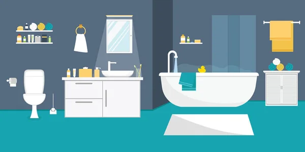 Interior Del Baño Con Muebles Estilo Diseño Plano Ilustración Vectorial — Archivo Imágenes Vectoriales