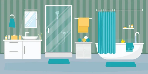 Banyo Içi Düz Tasarlanmış Mobilyalarla Dolu Vektör Illüstrasyonu — Stok Vektör