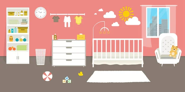 Rahat çocuk odası, bebek odası, düz stil vektör çizimi şablonu
