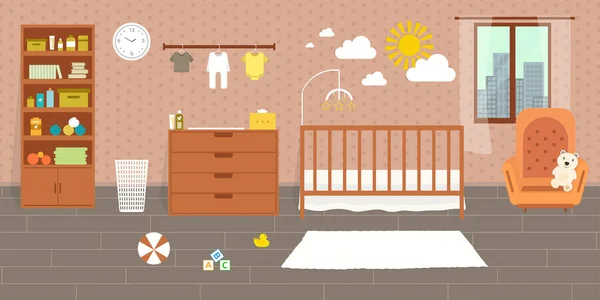 Gemütliche Kinderzimmer Einrichtung Babyzimmer Flache Vektorillustrationsvorlage — Stockvektor