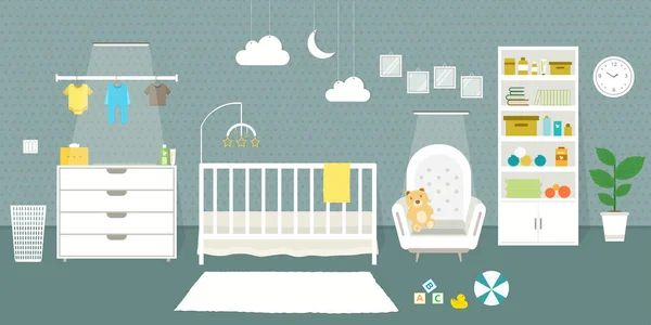 Rahat çocuk odası, bebek odası, düz stil vektör çizimi şablonu