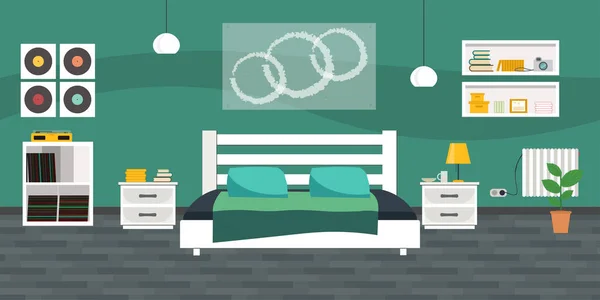 Dormitorio Moderno Con Muebles Ilustración Vector Estilo Plano Acogedor Interior — Vector de stock