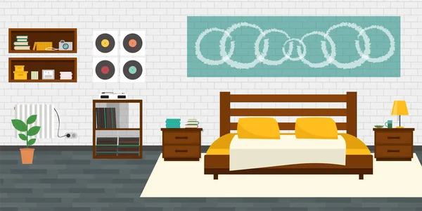 Dormitorio Moderno Con Muebles Ilustración Vector Estilo Plano Acogedor Interior — Archivo Imágenes Vectoriales