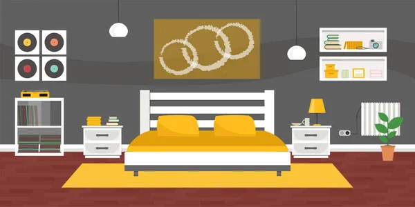 Modernes Schlafzimmer Mit Möbeln Flache Vektordarstellung Gemütlicher Innenraum Hotelzimmer — Stockvektor