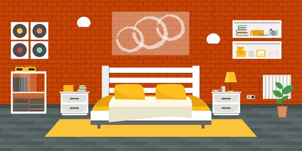 家具付きのモダンなベッドルーム フラットスタイルベクトルイラスト 居心地の良いインテリア ホテルの部屋 — ストックベクタ