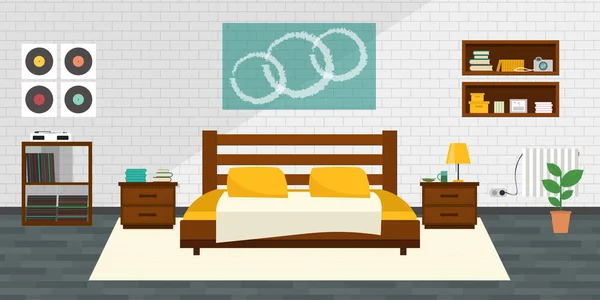 Quarto Moderno Com Mobiliário Ilustração Vetorial Estilo Plano Interior Acolhedor — Vetor de Stock